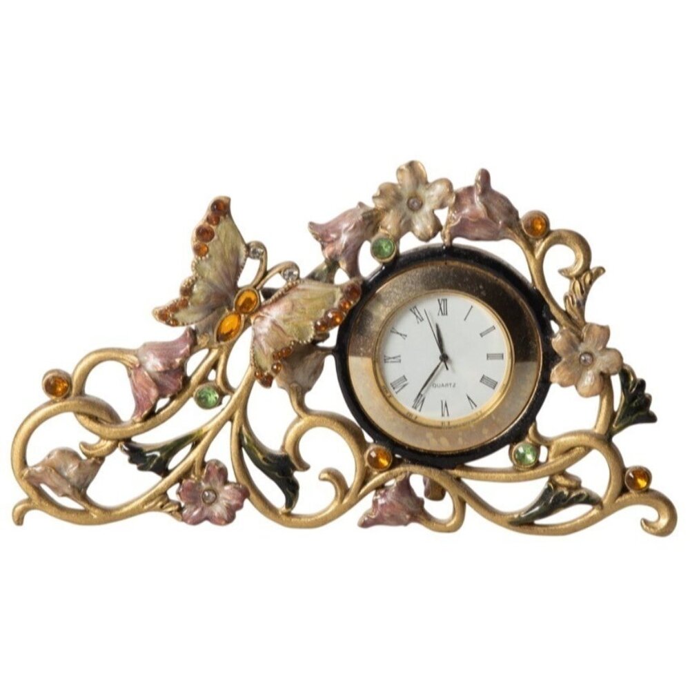 VTG Enamel Butterfly‎ Desk Clock | Rhinestone Quartz Floral Design (Not Working)